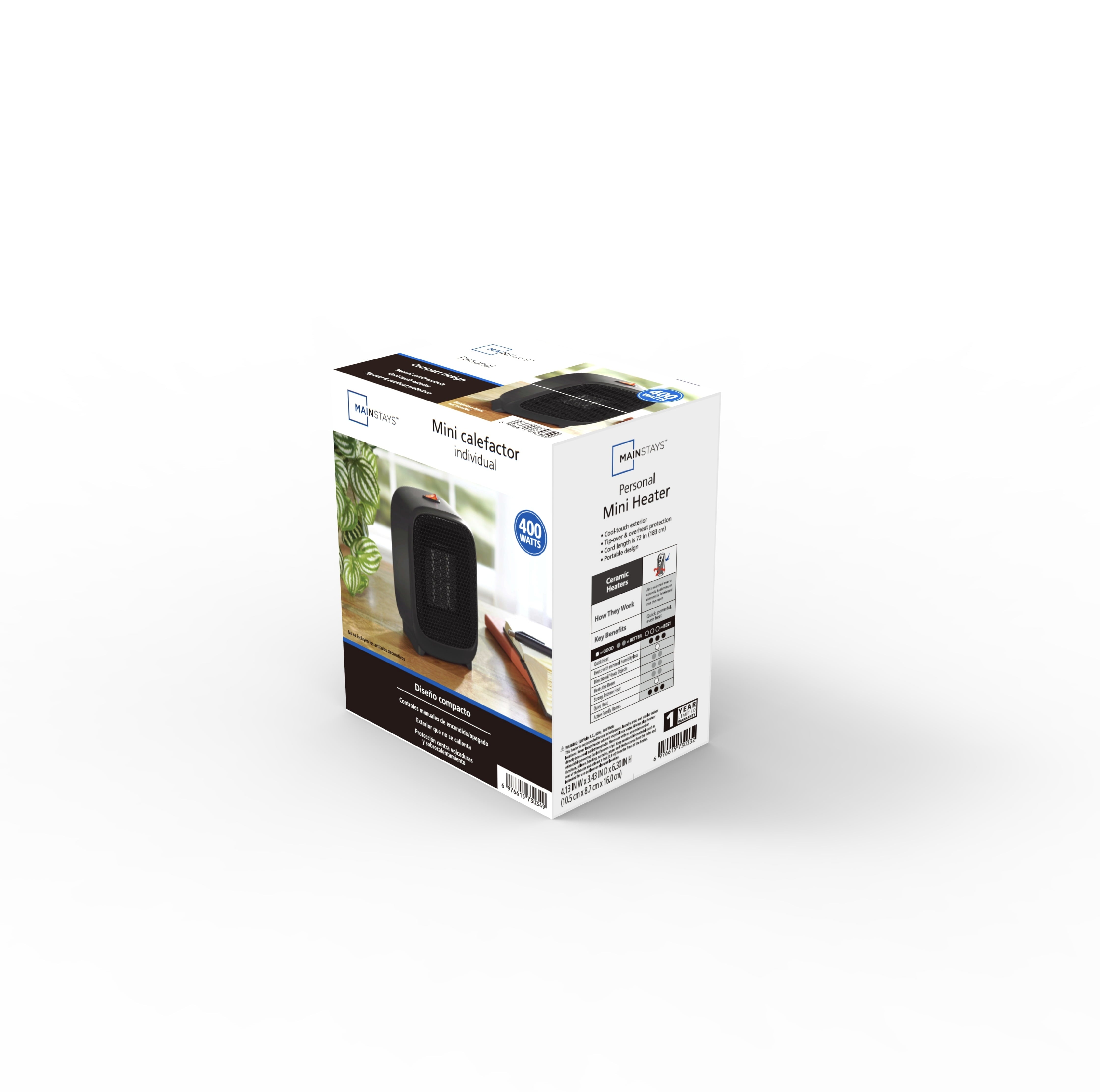 400W Portable Electric Space Heater for Indoor Use, Energy-Efficient PTC Ceramic Technology, Black