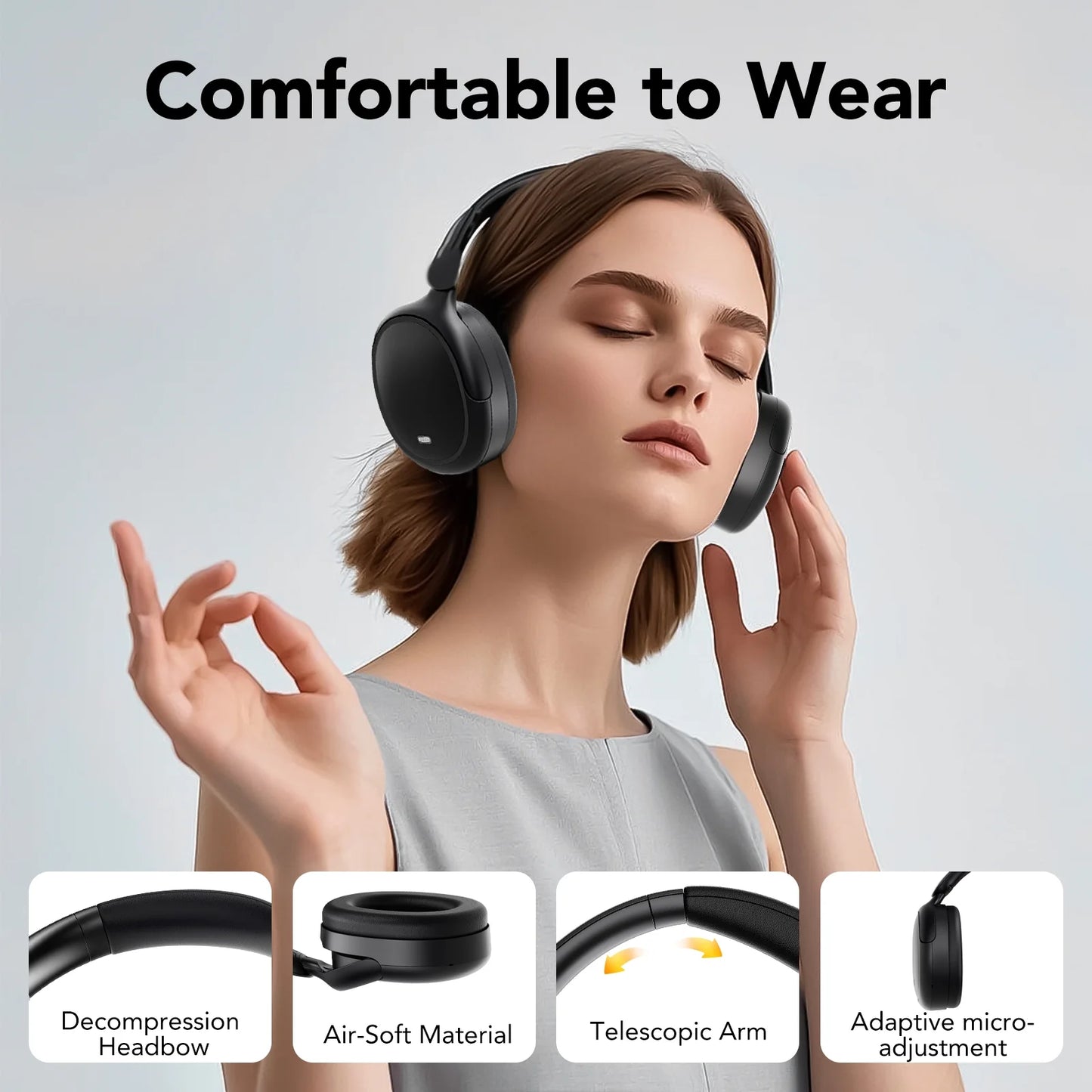 Hybrid Active Noise Cancelling Bluetooth Headphones with 50 Hours Playtime, Enhanced Call Clarity with 4 Microphones, Bass Boosted Sound, Comfortable Over-Ear Design for Travel and Home Office - Black