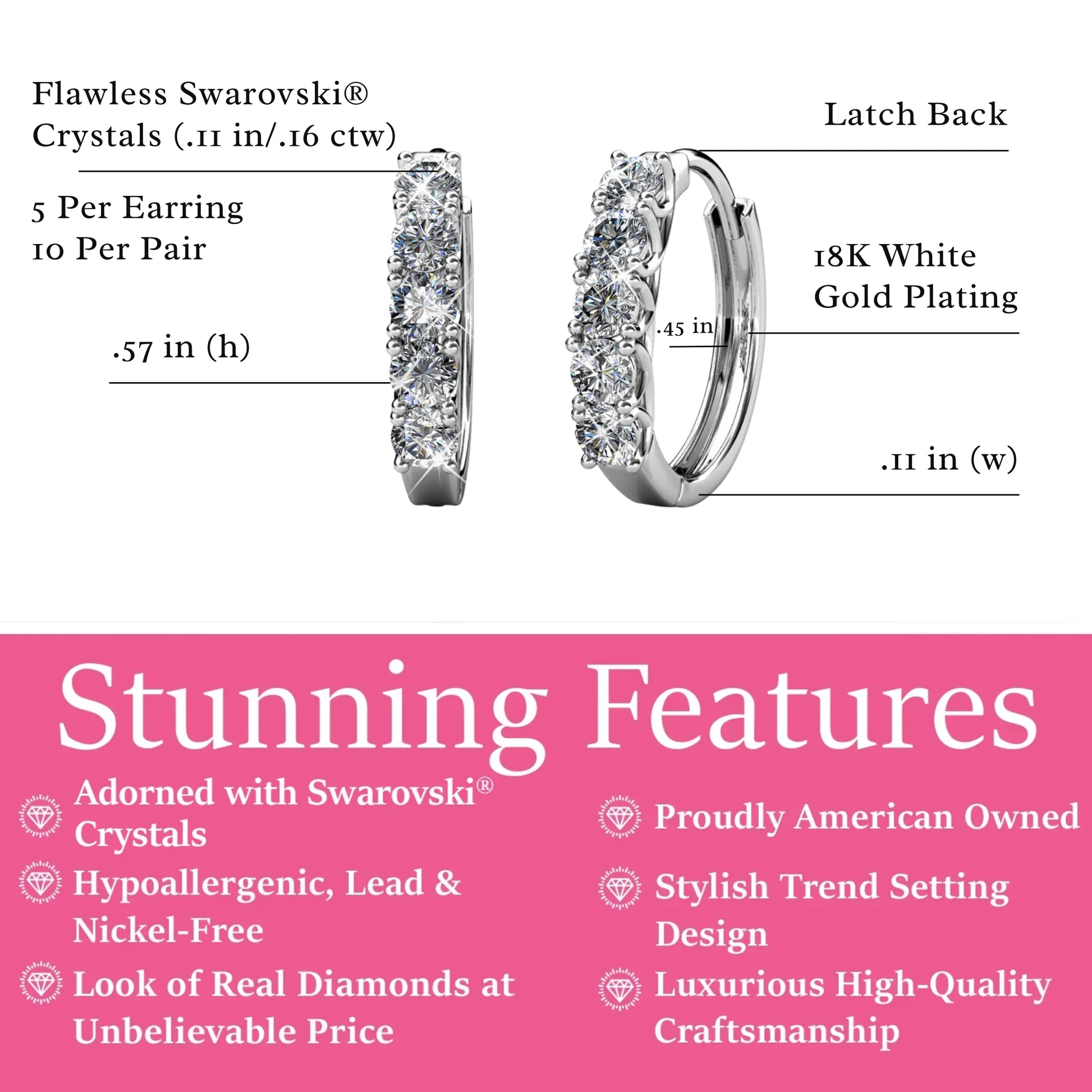 Bethany 18K White Gold Plated 15mm Hoop Earrings with Swarovski Crystals for Women