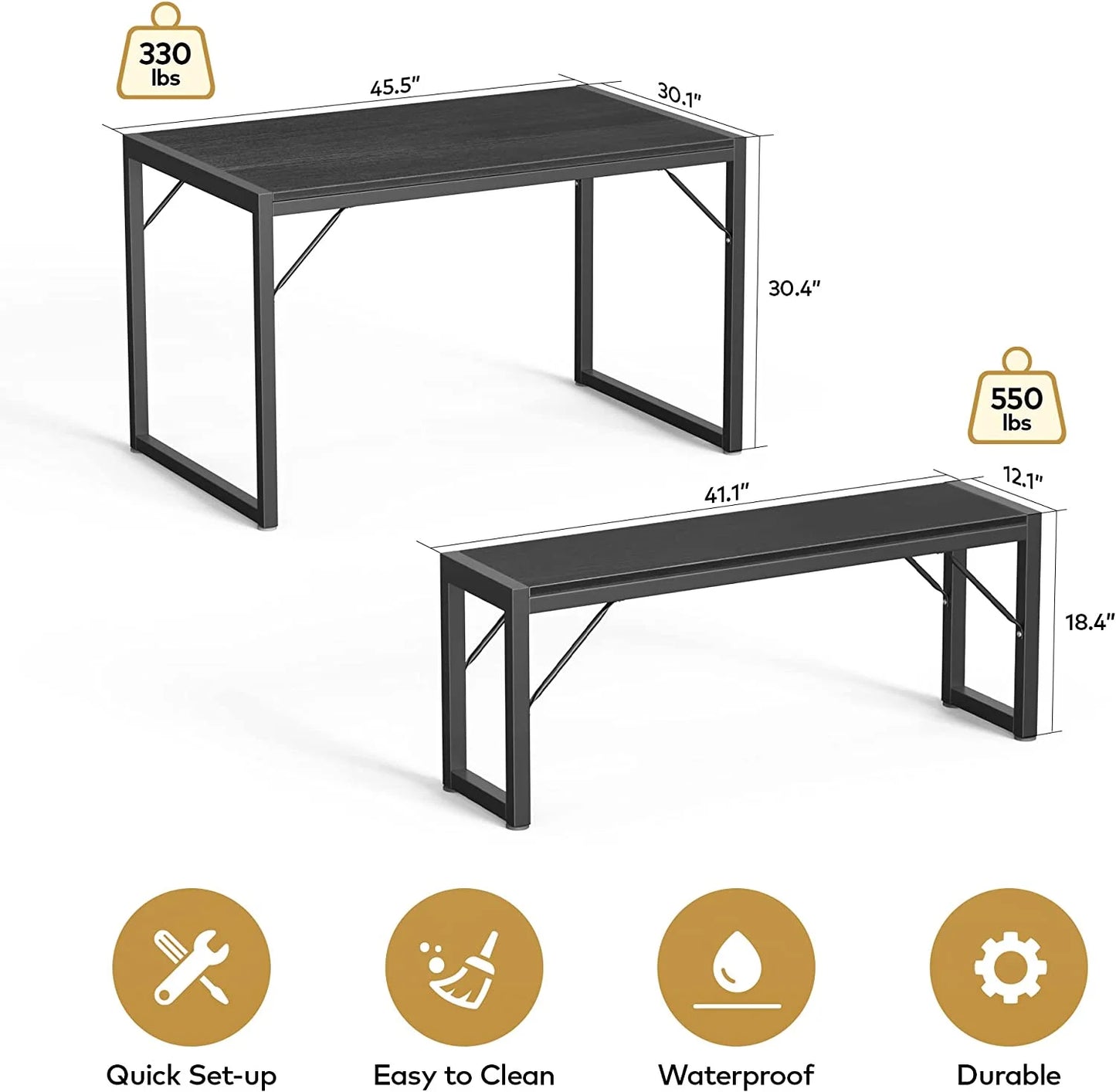 45.5" Dining Table and Bench Set for 4 - Space-Saving Black Kitchen Furniture for Apartments