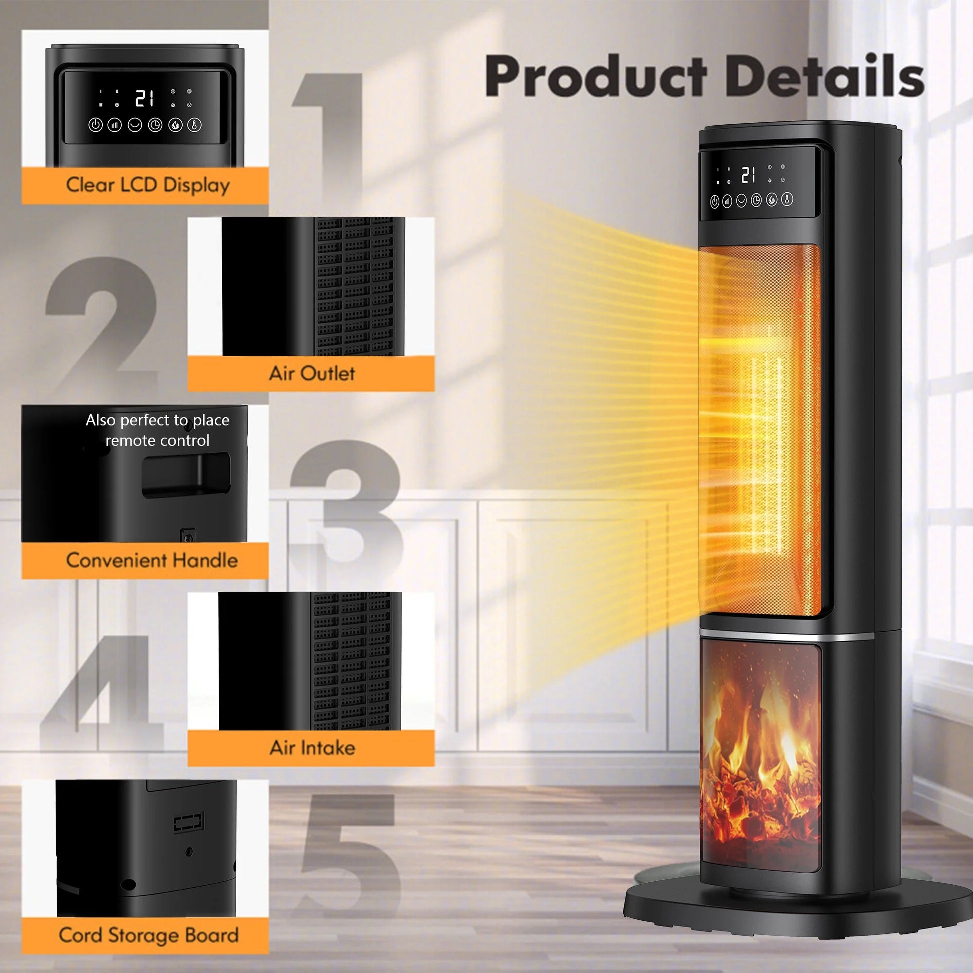 1500W Electric Space Heater with PTC Fast Heating, Ceramic Design, and 3D Realistic Flame for Office, Bedroom, and Home Safety