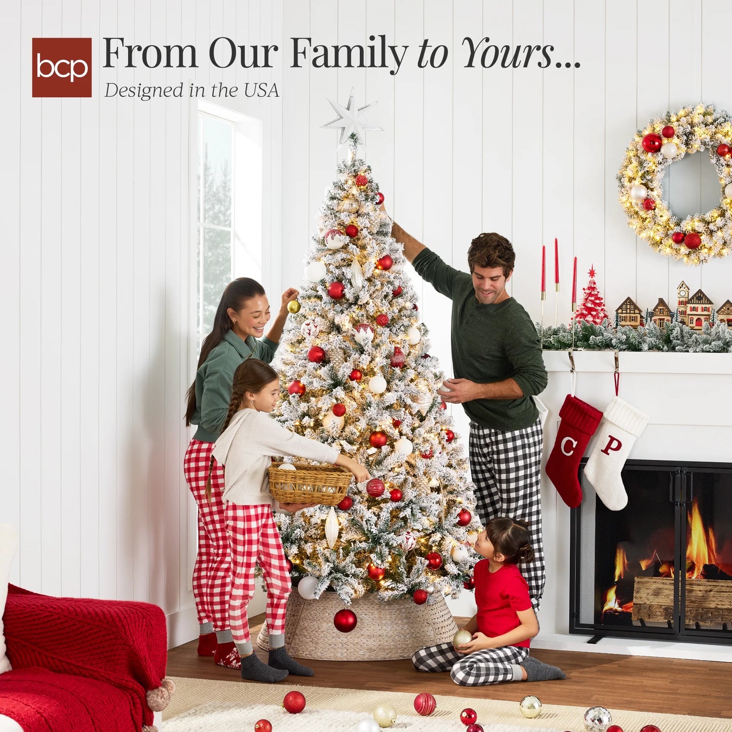 6-Foot Pre-Lit Holiday Christmas Pine Tree with Snow Flocked Branches and 250 Warm White Lights