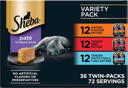 Sheba Perfect Portions Wet Cat Food Variety Pack with Sustainable Salmon, Signature Seafood Entrée, Tender White Fish, and Tuna, 2.6 Oz Twin Pack Trays (24 Count, 48 Servings)