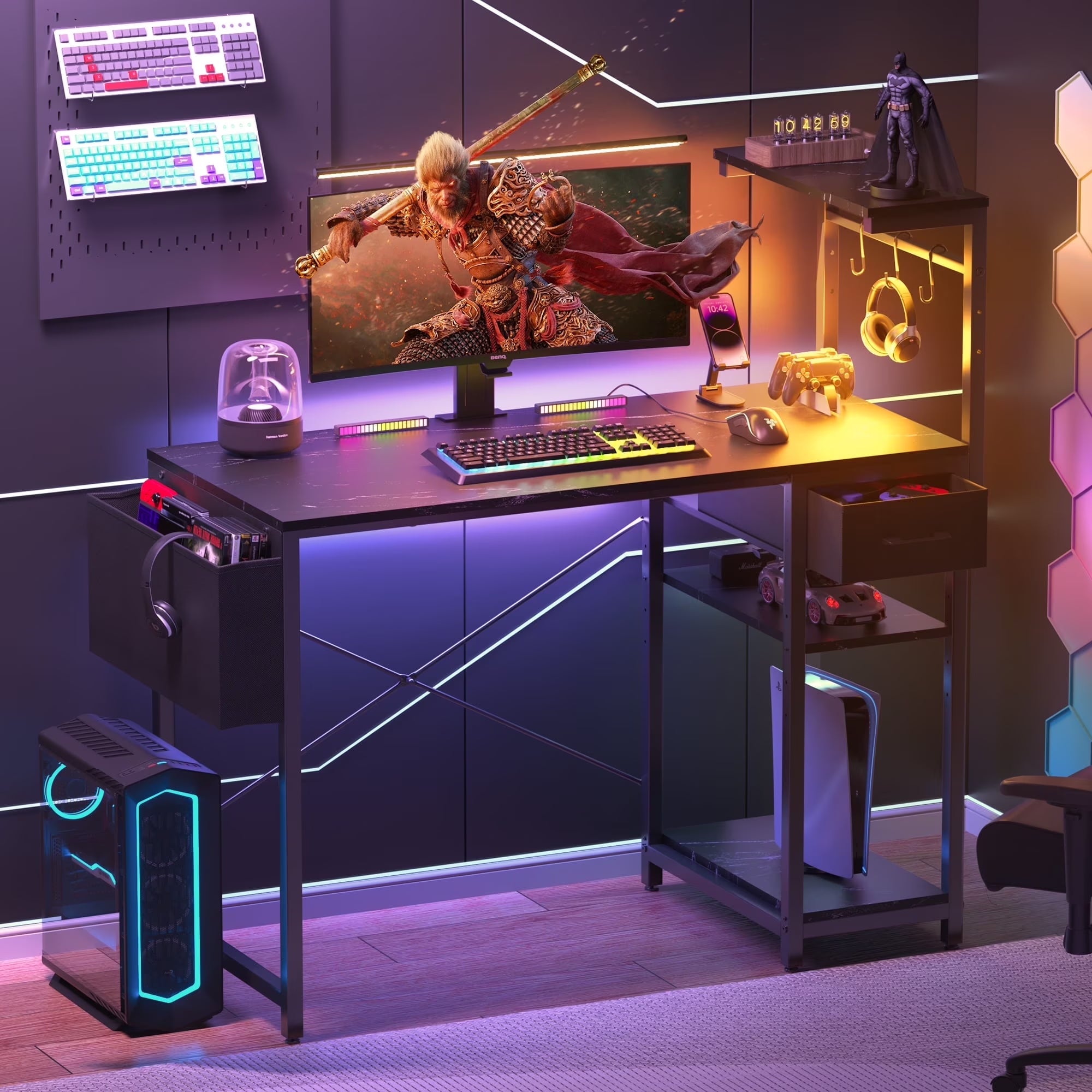 Eunon 44" Gaming Desk with LED Lights, Reversible 4 Tier Storage Shelves & Drawer Computer Desk,Black Marble