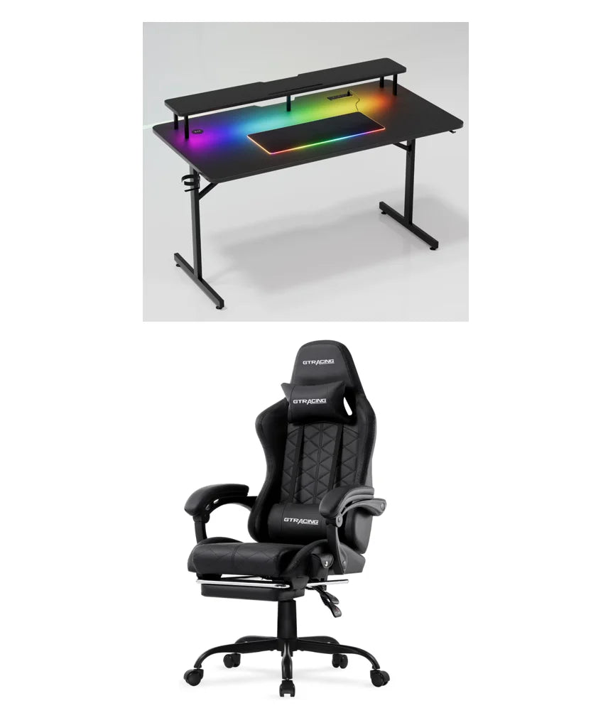 LED Gaming Desk and Bluetooth Gaming Chair Set in Black