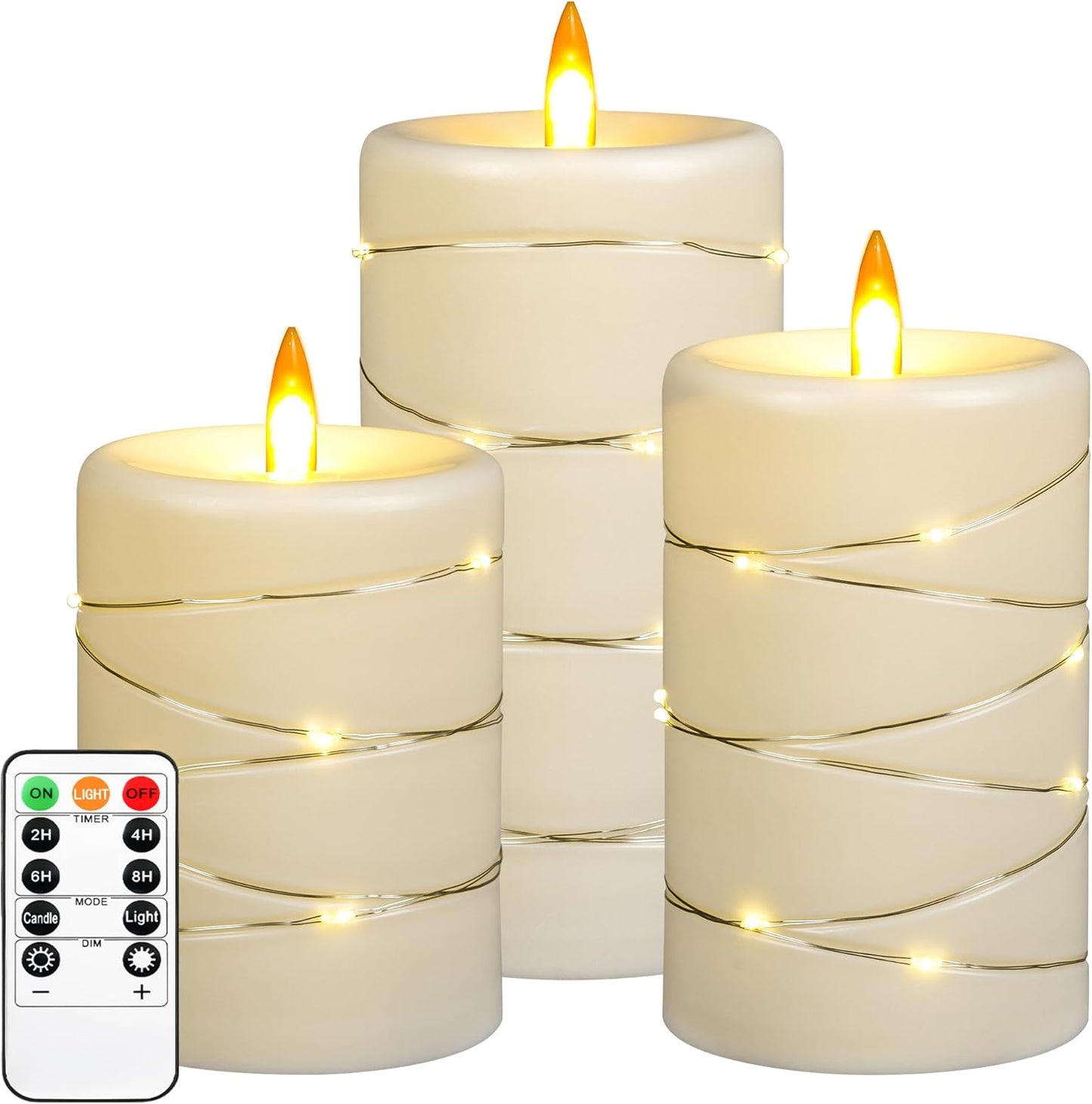 Flameless LED Candles with String Lights, Battery Operated, Flickering Effect, Remote Control and Timer, Real Wax, Set of 3 - Ivory