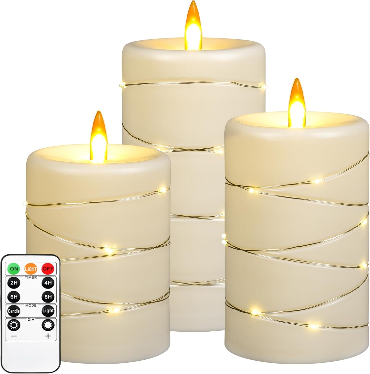 Flameless LED Candles with String Lights, Battery Operated, Flickering Effect, Remote Control and Timer, Real Wax, Set of 3 - Ivory