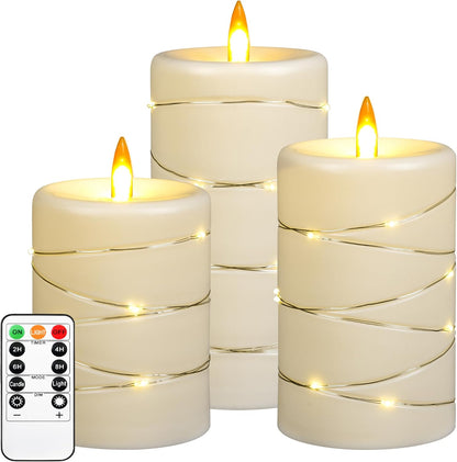Flameless LED Candles with String Lights, Battery Operated, Flickering Effect, Remote Control and Timer, Real Wax, Set of 3 - Ivory