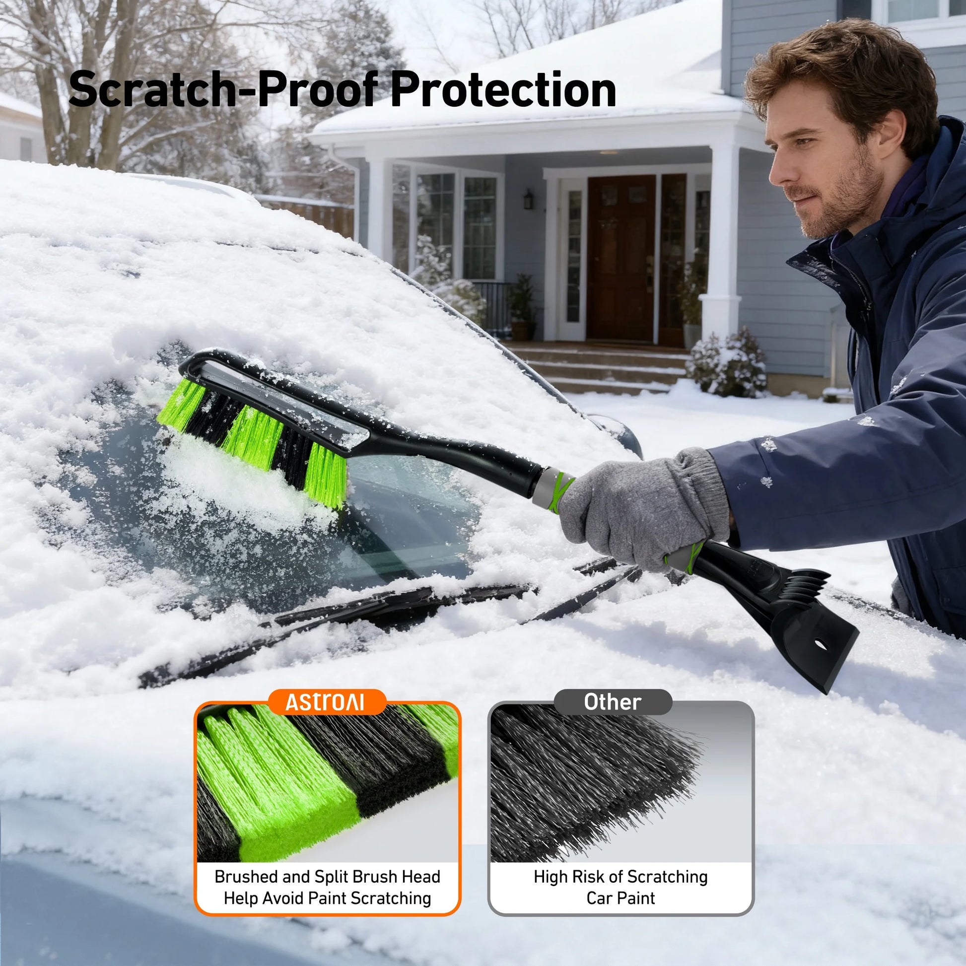 Detachable Snow Brush and Ice Scraper Set for Automotive Windshields, Ergonomic Foam Grip, Suitable for Cars, Trucks, and SUVs, Green