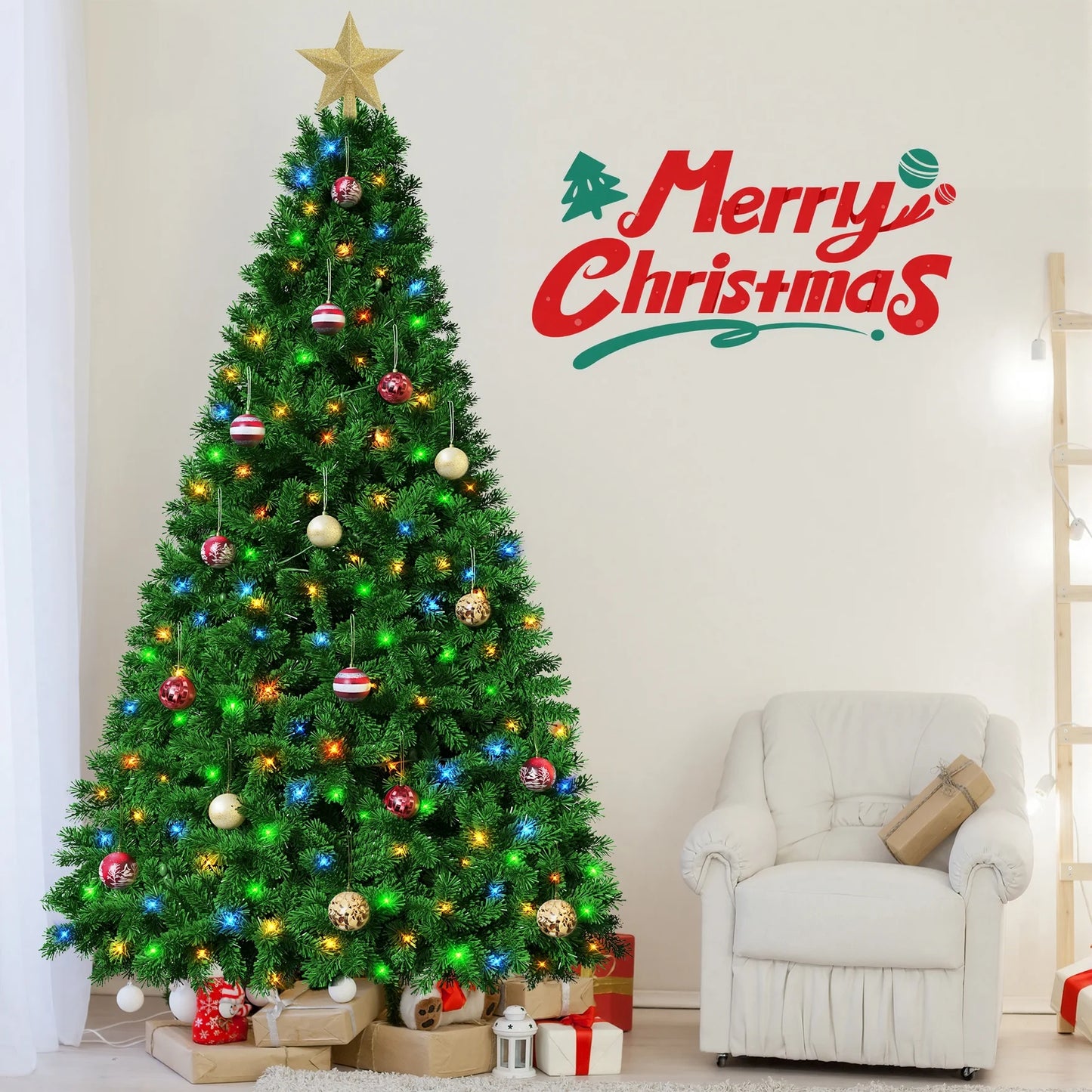 7.5-Foot Pre-Lit Artificial Christmas Tree with 18 Ornaments, Green Holiday Tree for Indoor and Outdoor Decoration