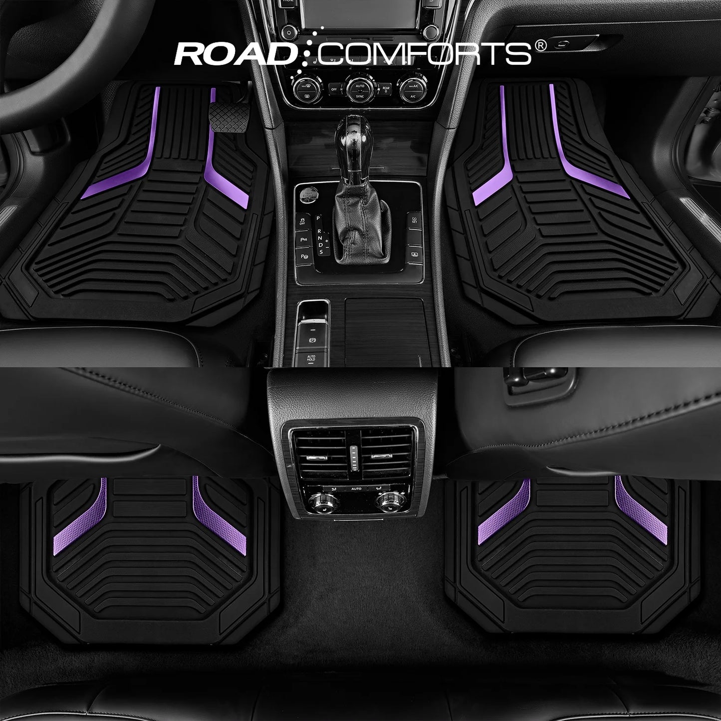 Road Comforts Heavy-Duty Rubber Floor Mats with Purple Aluminum Film - Complete Set for Front and Rear Vehicles