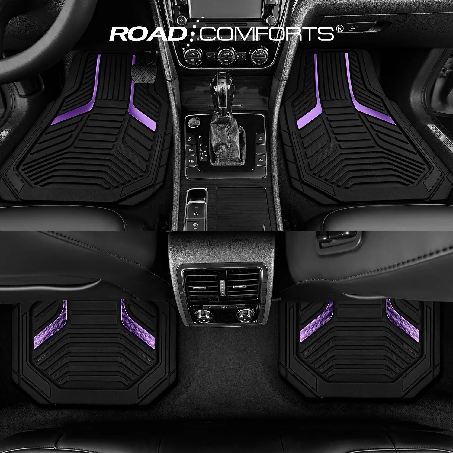 Road Comforts Heavy-Duty Rubber Floor Mats with Purple Aluminum Film - Complete Set for Front and Rear Vehicles