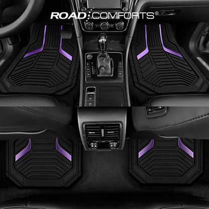 Road Comforts Heavy-Duty Rubber Floor Mats with Purple Aluminum Film - Complete Set for Front and Rear Vehicles