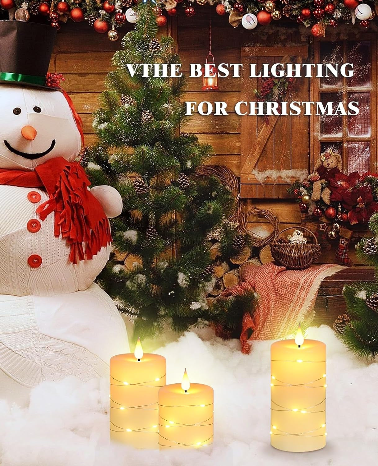 Flameless LED Candles with String Lights, Battery Operated, Flickering Effect, Remote Control and Timer, Real Wax, Set of 3 - Ivory