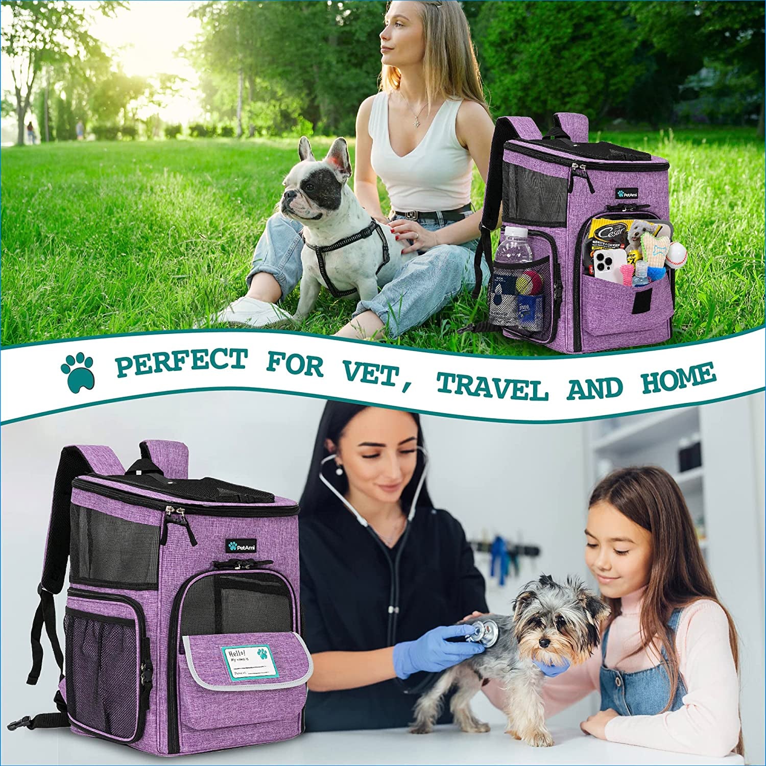 Petami Airline-Approved Dog and Cat Backpack Carrier, Soft-Sided and Ventilated for Travel, Hiking, and Camping, Supports Pets Up to 18 lbs, Purple