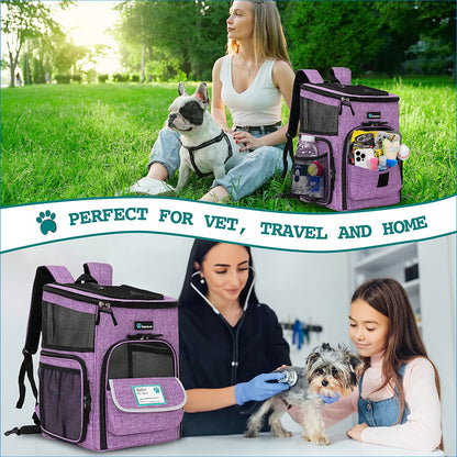 Petami Airline-Approved Dog and Cat Backpack Carrier, Soft-Sided and Ventilated for Travel, Hiking, and Camping, Supports Pets Up to 18 lbs, Purple