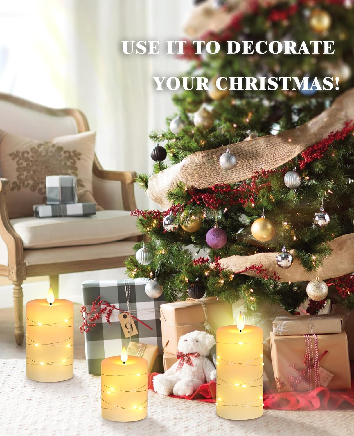 Flameless LED Candles with String Lights, Battery Operated, Flickering Effect, Remote Control and Timer, Real Wax, Set of 3 - Ivory