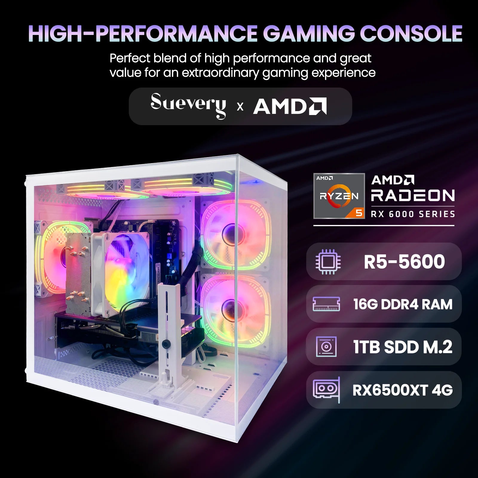 Suevery Gaming PC Desktop - AMD Ryzen 5 5600, Radeon RX 6500XT, 16GB DDR4, 1TB Nvme SSD, B450, Wifi 6, White