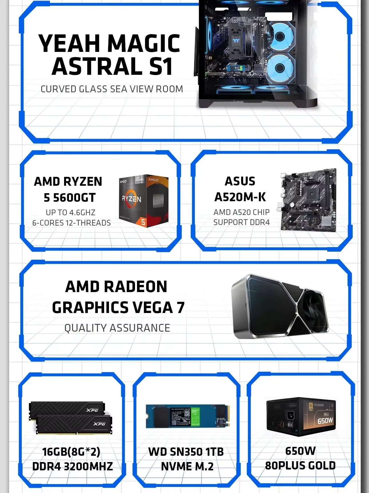 YEAH MAGIC 5600GT Gaming PC Desktop AMD Ryzen 5 3.9Ghz 16GB(8G*2) DDR4 3200 1T NVME SSD ARGB 7 Fans Win 11 Home Office Desktop