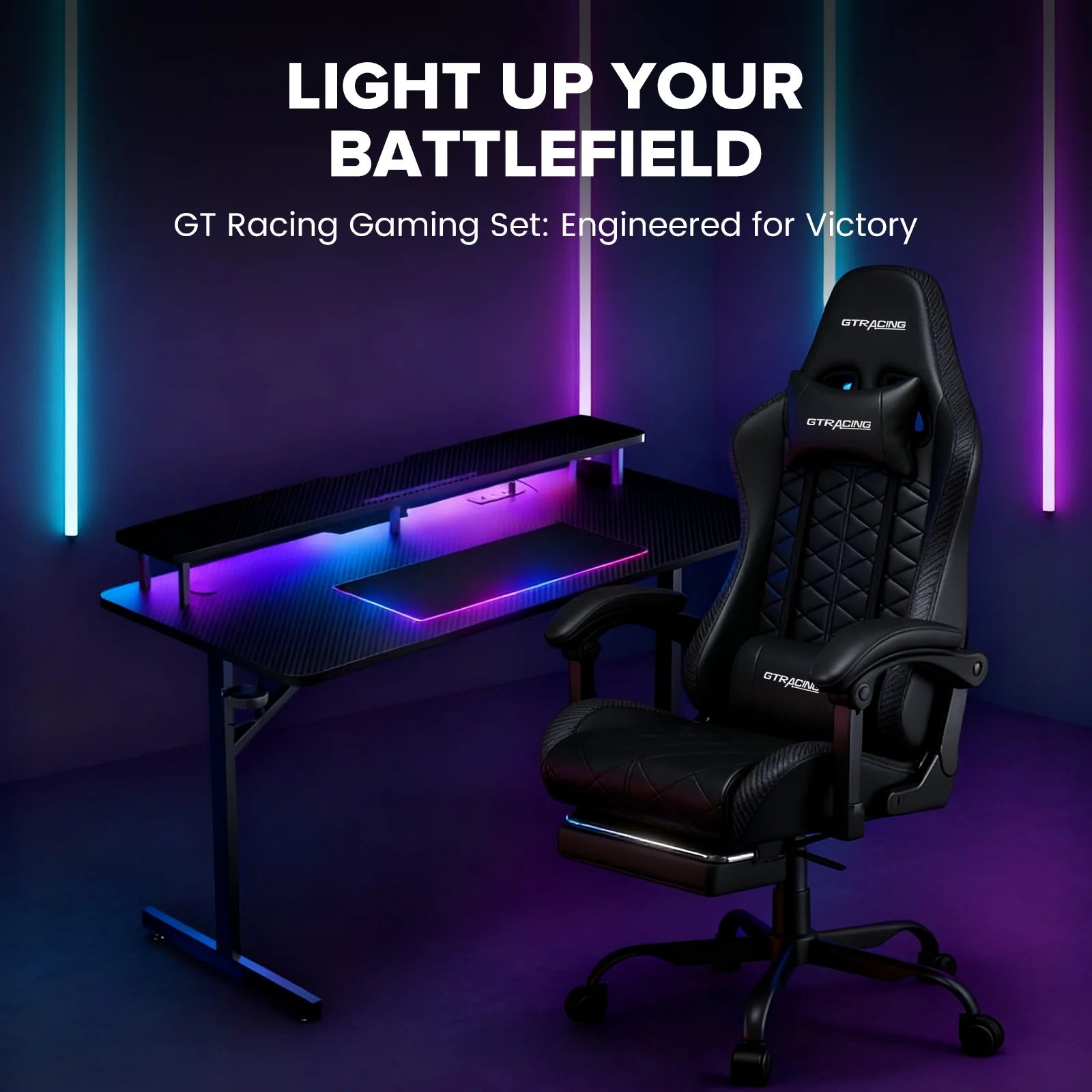 LED Gaming Desk and Bluetooth Gaming Chair Set in Black