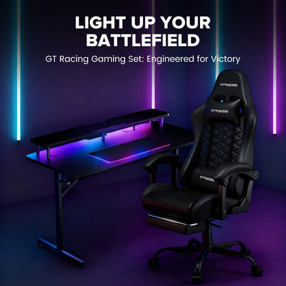 LED Gaming Desk and Bluetooth Gaming Chair Set in Black