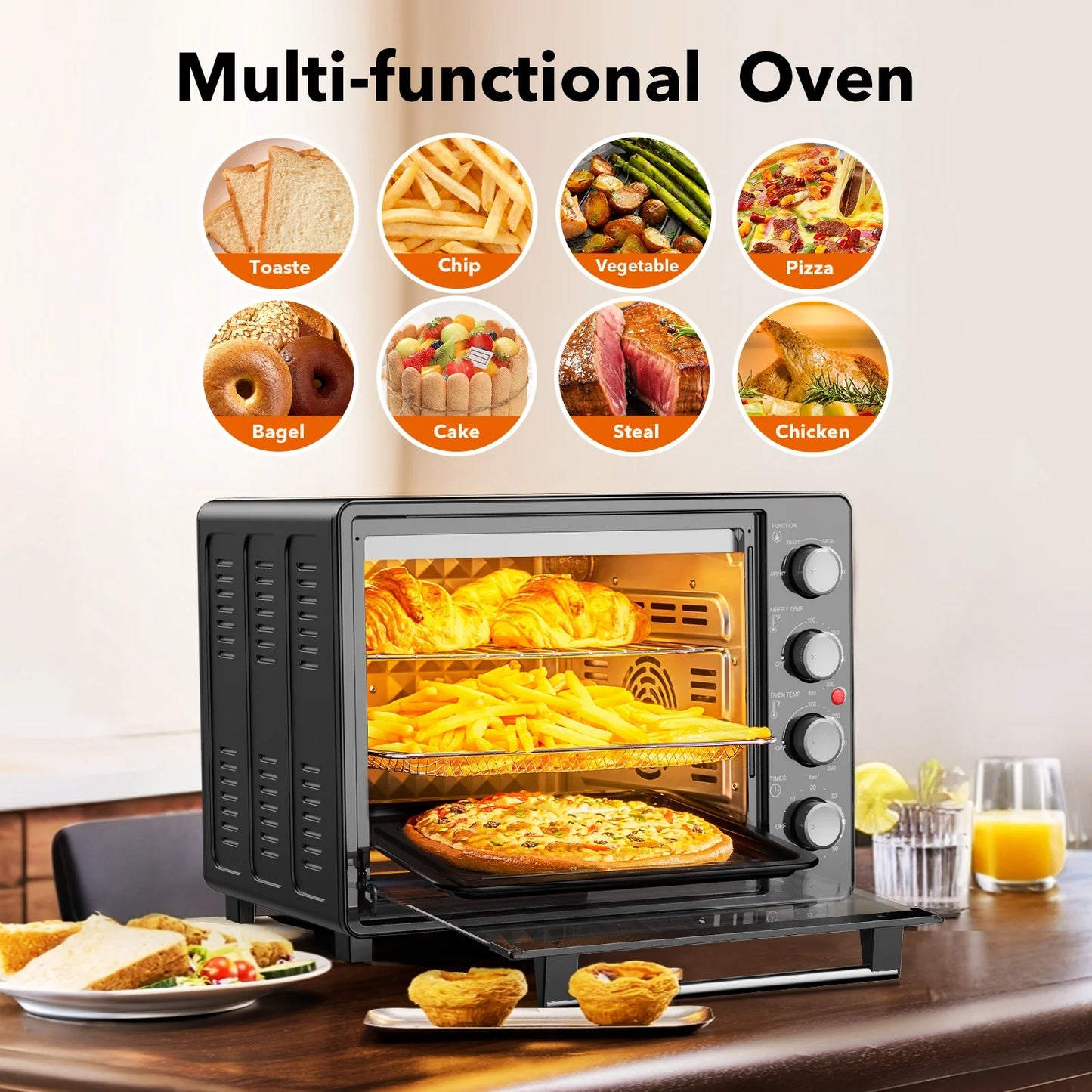 34 QT Extra-Large Oil-Free Air Fryer Toaster Oven Combo with 5 Functions: Pizza, Warm, Broil, Toast, Bake - Black