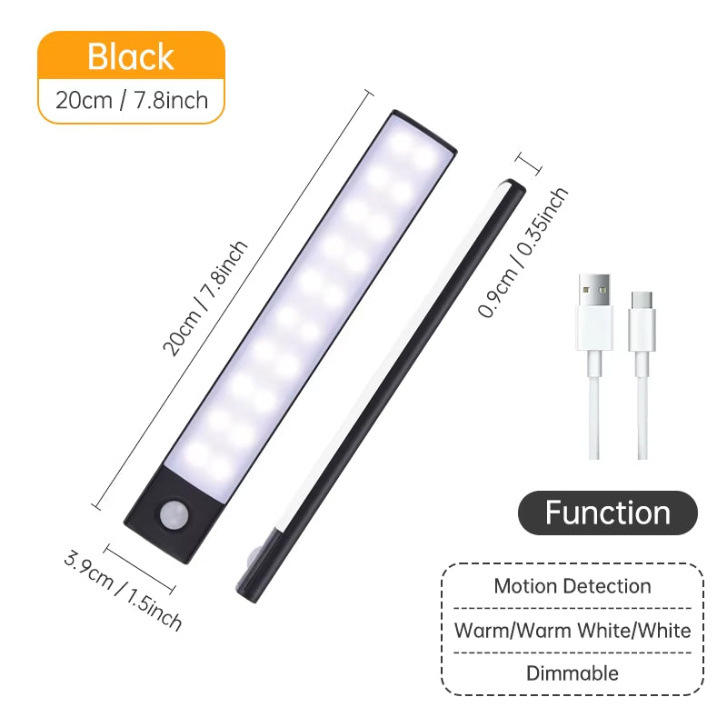 Wireless LED Motion Sensor Night Light - USB Rechargeable Under Cabinet Lamp for Kitchen and Wardrobe