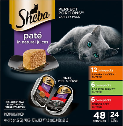 Sheba Perfect Portions Wet Cat Food Variety Pack with Sustainable Salmon, Signature Seafood Entrée, Tender White Fish, and Tuna, 2.6 Oz Twin Pack Trays (24 Count, 48 Servings)