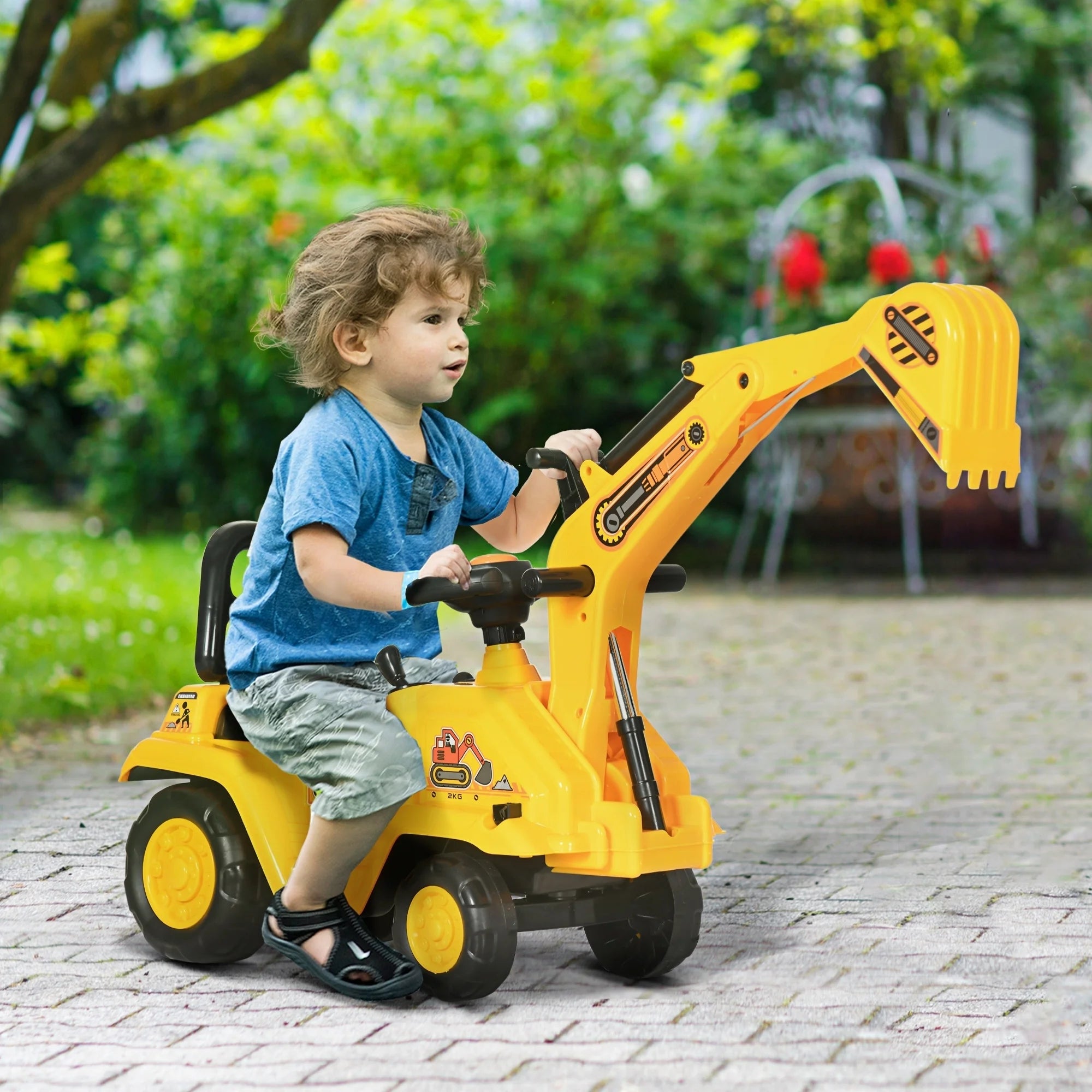 NO Power 3 in 1 Ride on Toy Excavator Digger Scooter Pulling Cart Pretend Play Construction Truck