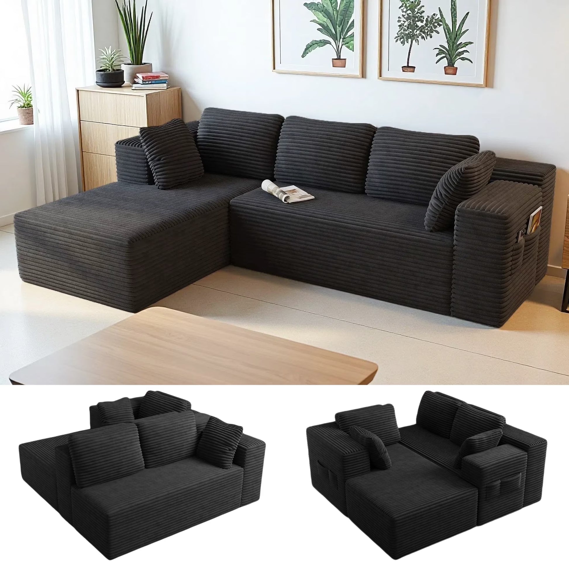 105" Cloud Sectional Sofa with L-Shape Chaise - Upholstered Couch for Living Room or Bedroom, No Assembly Required, Black