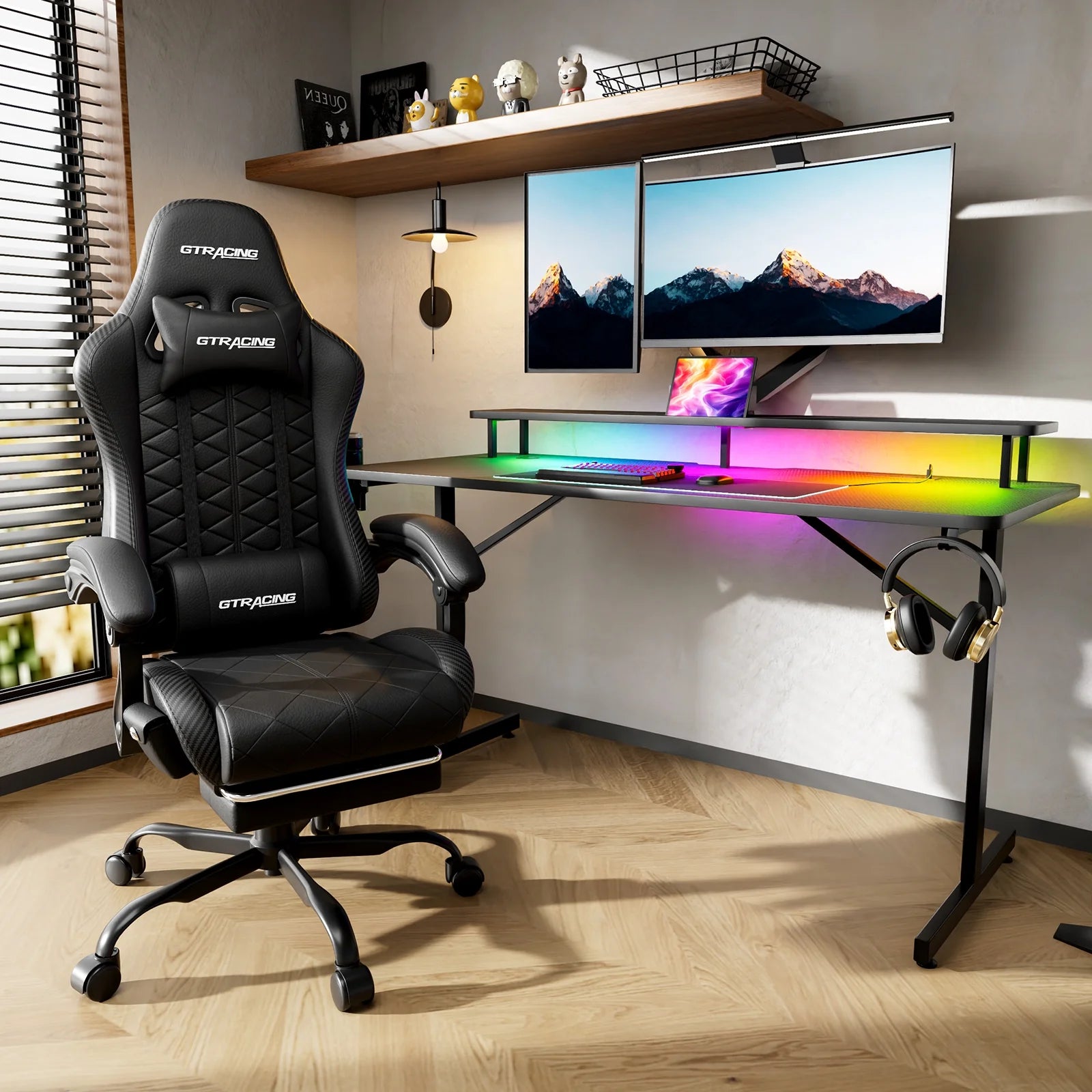 LED Gaming Desk and Bluetooth Gaming Chair Set in Black