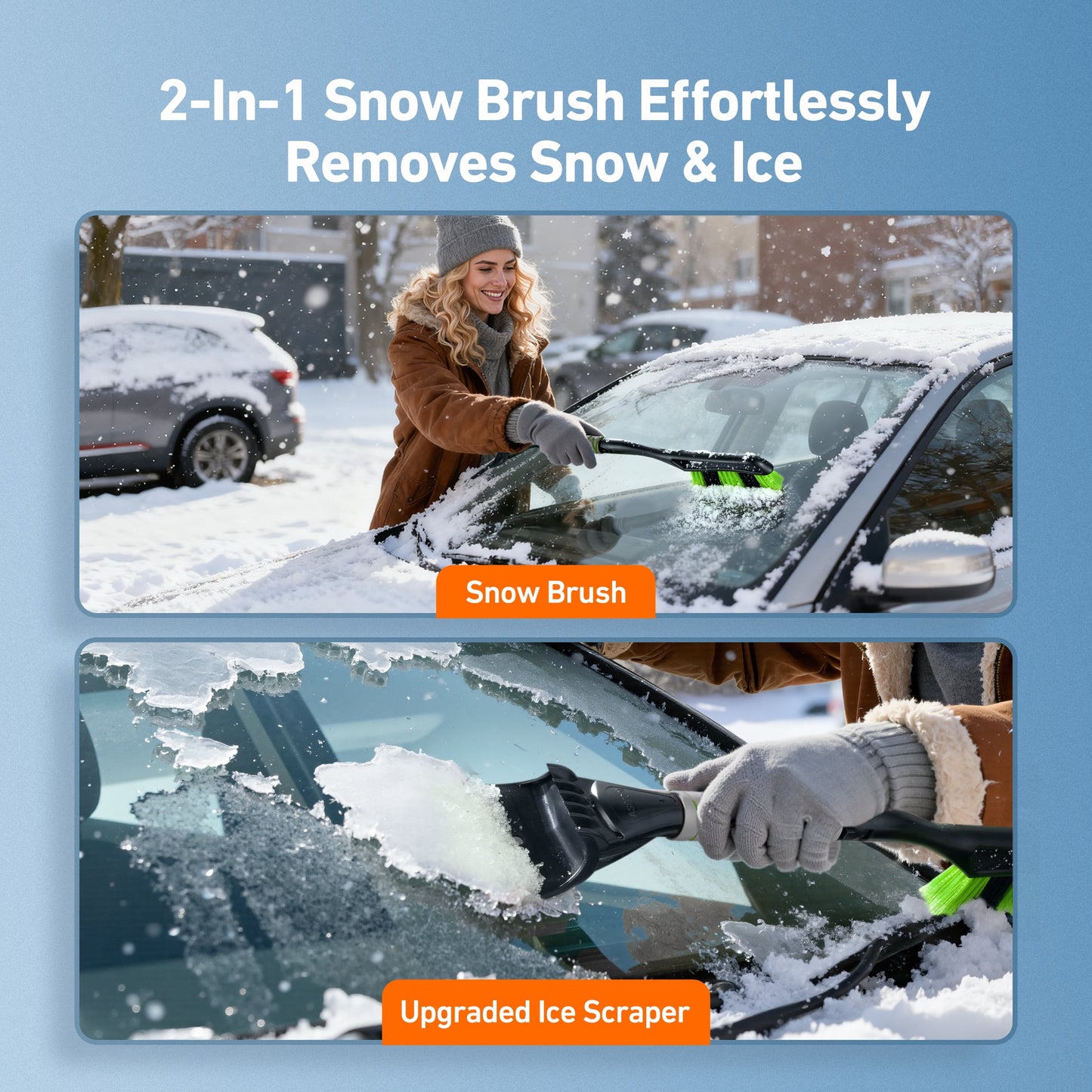 Detachable Snow Brush and Ice Scraper Set for Automotive Windshields, Ergonomic Foam Grip, Suitable for Cars, Trucks, and SUVs, Green