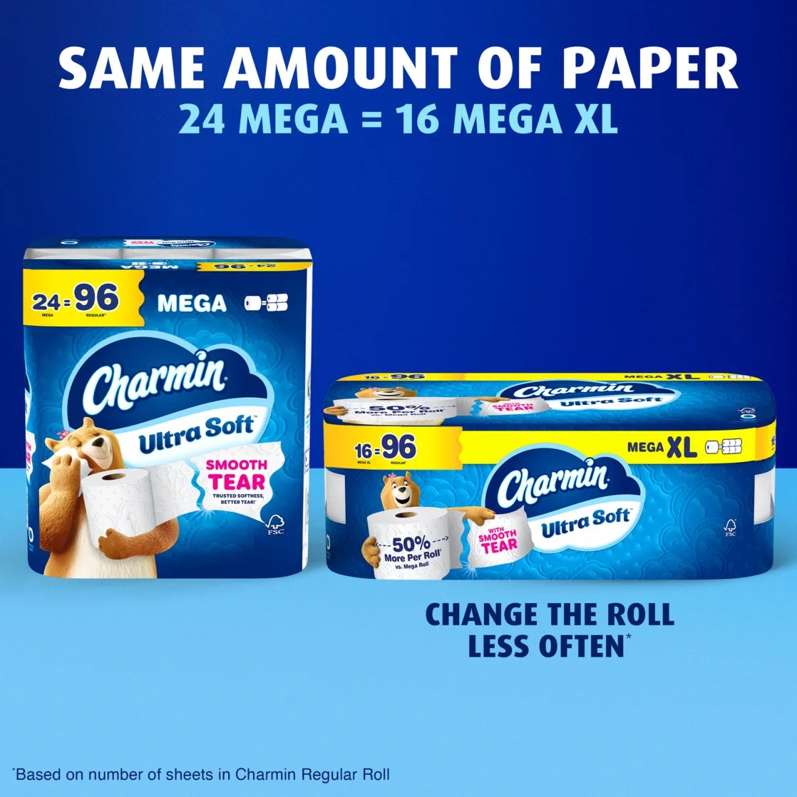 Charmin Toilet Paper Ultra Soft, 24 Mega Rolls, 2-Ply Bath Tissue