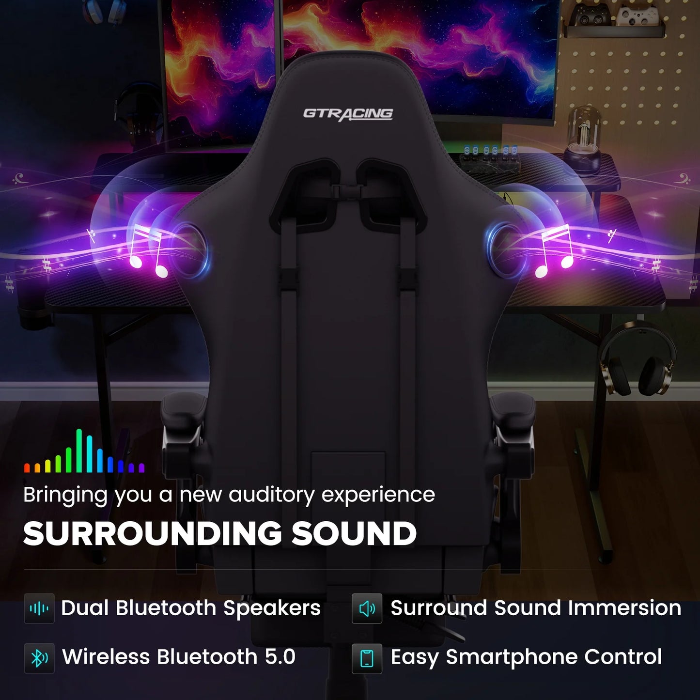 LED Gaming Desk and Bluetooth Gaming Chair Set in Black