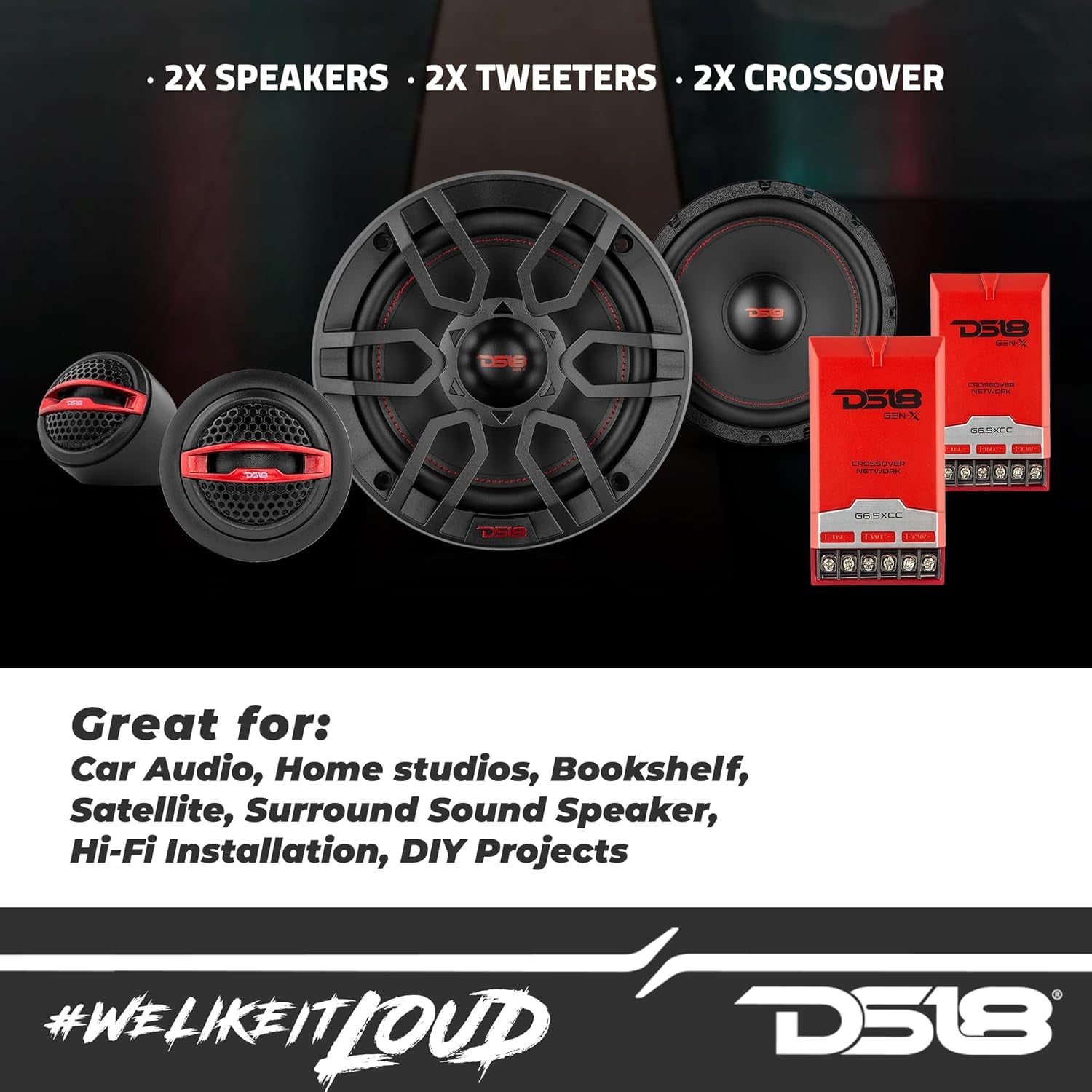 DS18 GEN-X6.5C Component Set - 6.5", 2-Way, 150W Max, 50W RMS, Black Paper Cone, Tetorn Dome Tweeters, 4 Ohms - Clarity Unparalled by Other Speakers in Their Class (2 Speakers)