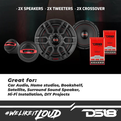 DS18 GEN-X6.5C Component Set - 6.5", 2-Way, 150W Max, 50W RMS, Black Paper Cone, Tetorn Dome Tweeters, 4 Ohms - Clarity Unparalled by Other Speakers in Their Class (2 Speakers)