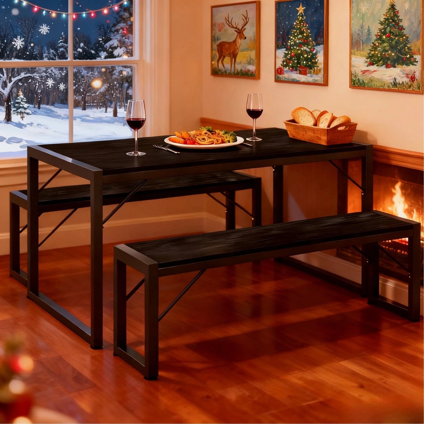 45.5" Dining Table and Bench Set for 4 - Space-Saving Black Kitchen Furniture for Apartments