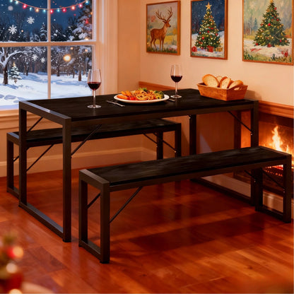 45.5" Dining Table and Bench Set for 4 - Space-Saving Black Kitchen Furniture for Apartments
