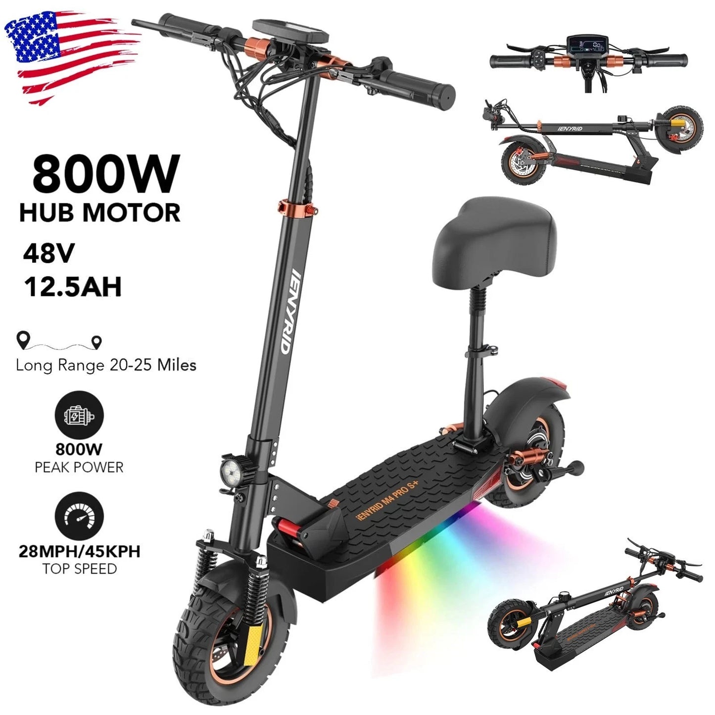 800W Electric Scooter for Adults with Seat, 12.5Ah Battery, 3 Speed Settings, Capable of 28 MPH and 32 Miles Range