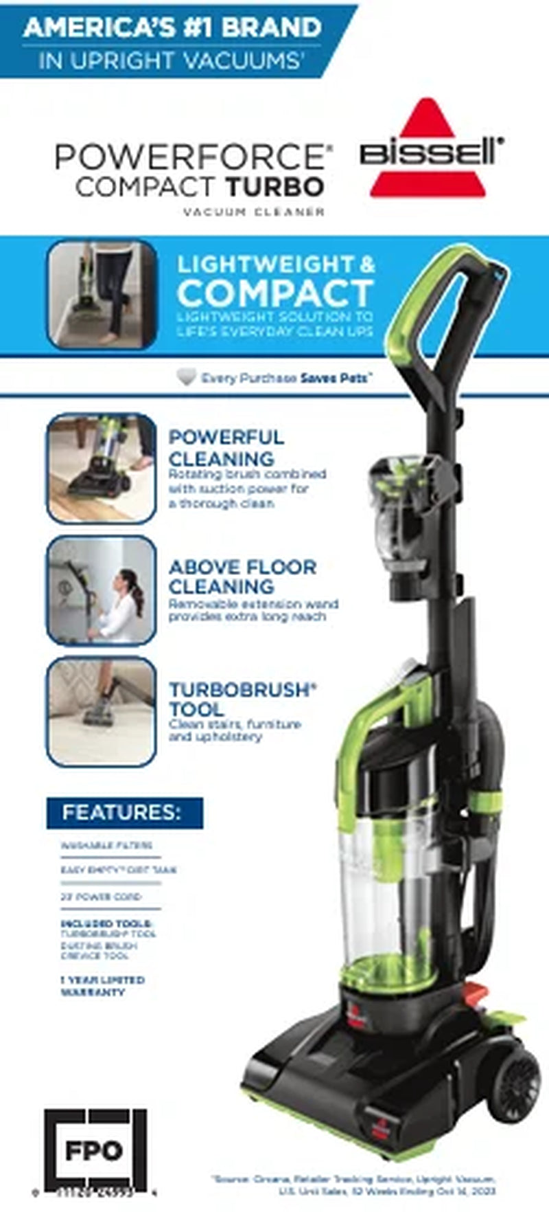 Powerforce Compact Turbo Bagless Upright Vacuum with Powerful Suction, Easy-Empty Dirt Tank, Lightweight Design, and High Reach Wand, Model 2690, Green and Black
