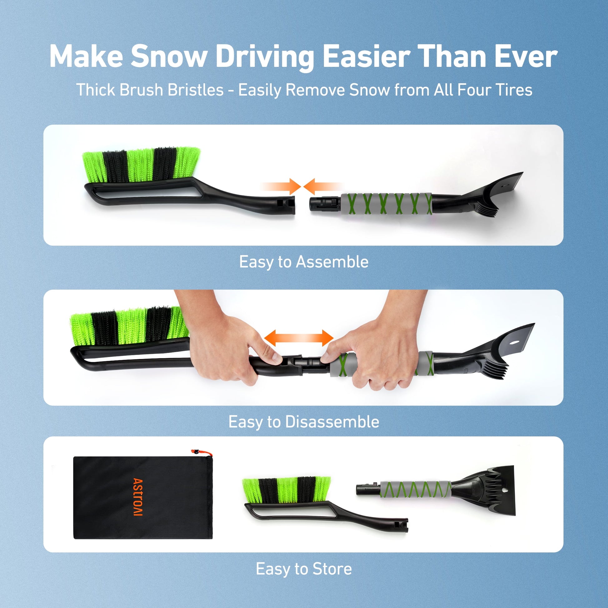 Detachable Snow Brush and Ice Scraper Set for Automotive Windshields, Ergonomic Foam Grip, Suitable for Cars, Trucks, and SUVs, Green