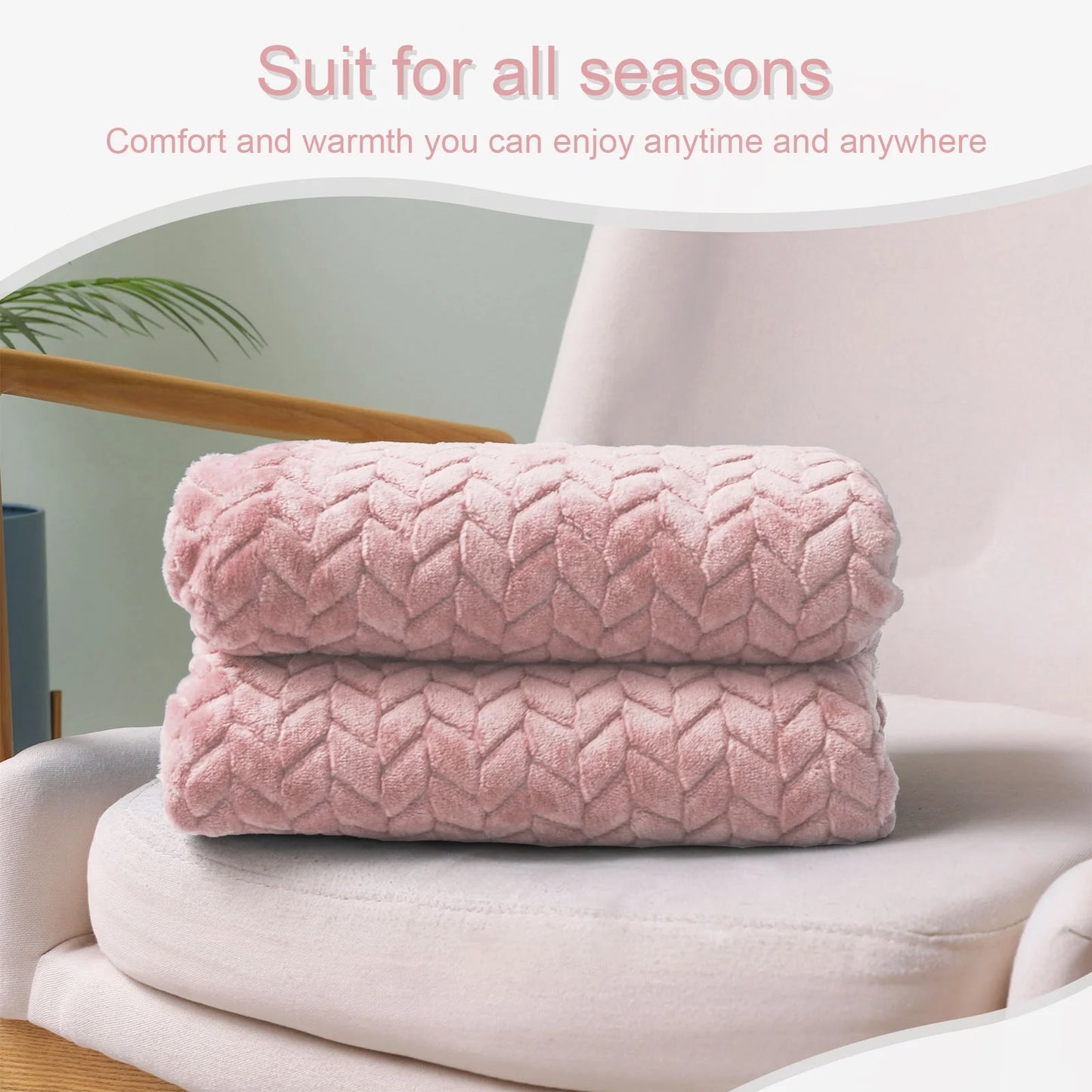 Large Jacquard Weave Flannel Fleece Throw Blanket with Leaves Pattern (50" x 70", Pink)