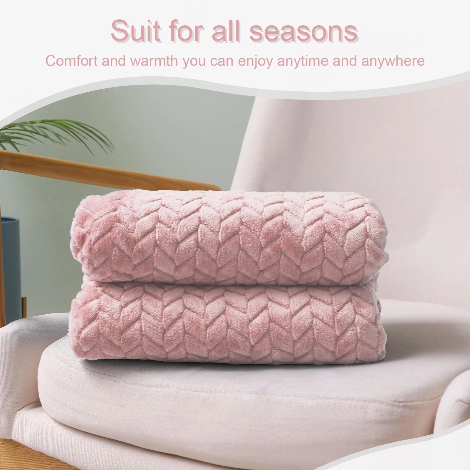 Large Jacquard Weave Flannel Fleece Throw Blanket with Leaves Pattern (50" x 70", Pink)