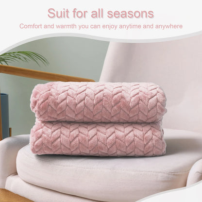 Large Jacquard Weave Flannel Fleece Throw Blanket with Leaves Pattern (50" x 70", Pink)
