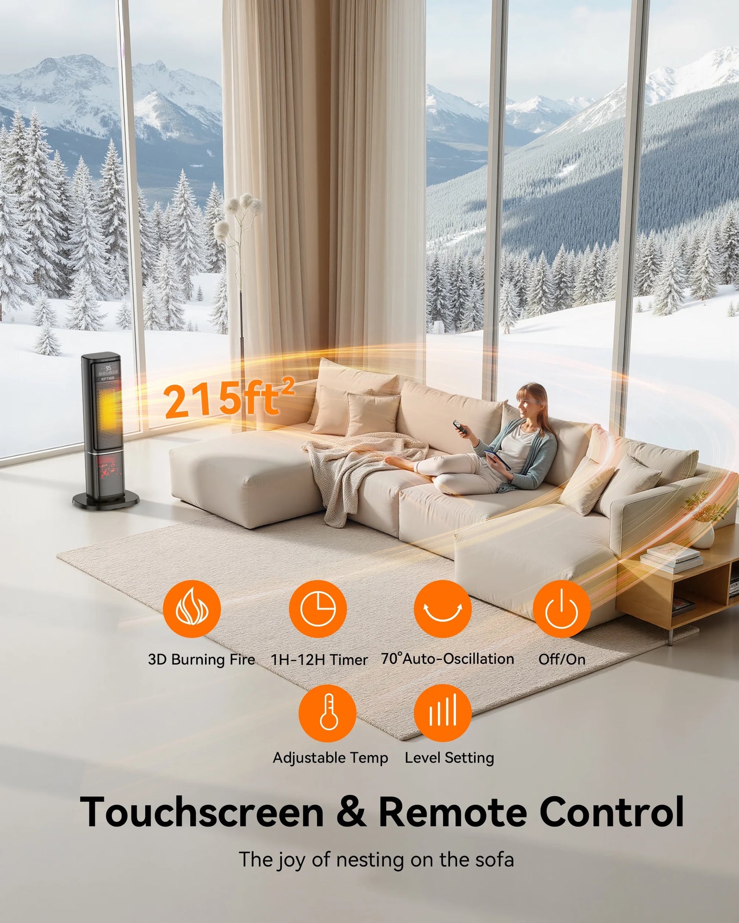 24-Inch Ceramic Space Heater with Flame Effect, 1500W with Thermostat, PTC Technology, 12-Hour Timer & Remote Control for Indoor Use in Office, Bedroom, and Living Room