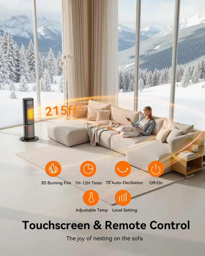 24-Inch Ceramic Space Heater with Flame Effect, 1500W with Thermostat, PTC Technology, 12-Hour Timer & Remote Control for Indoor Use in Office, Bedroom, and Living Room