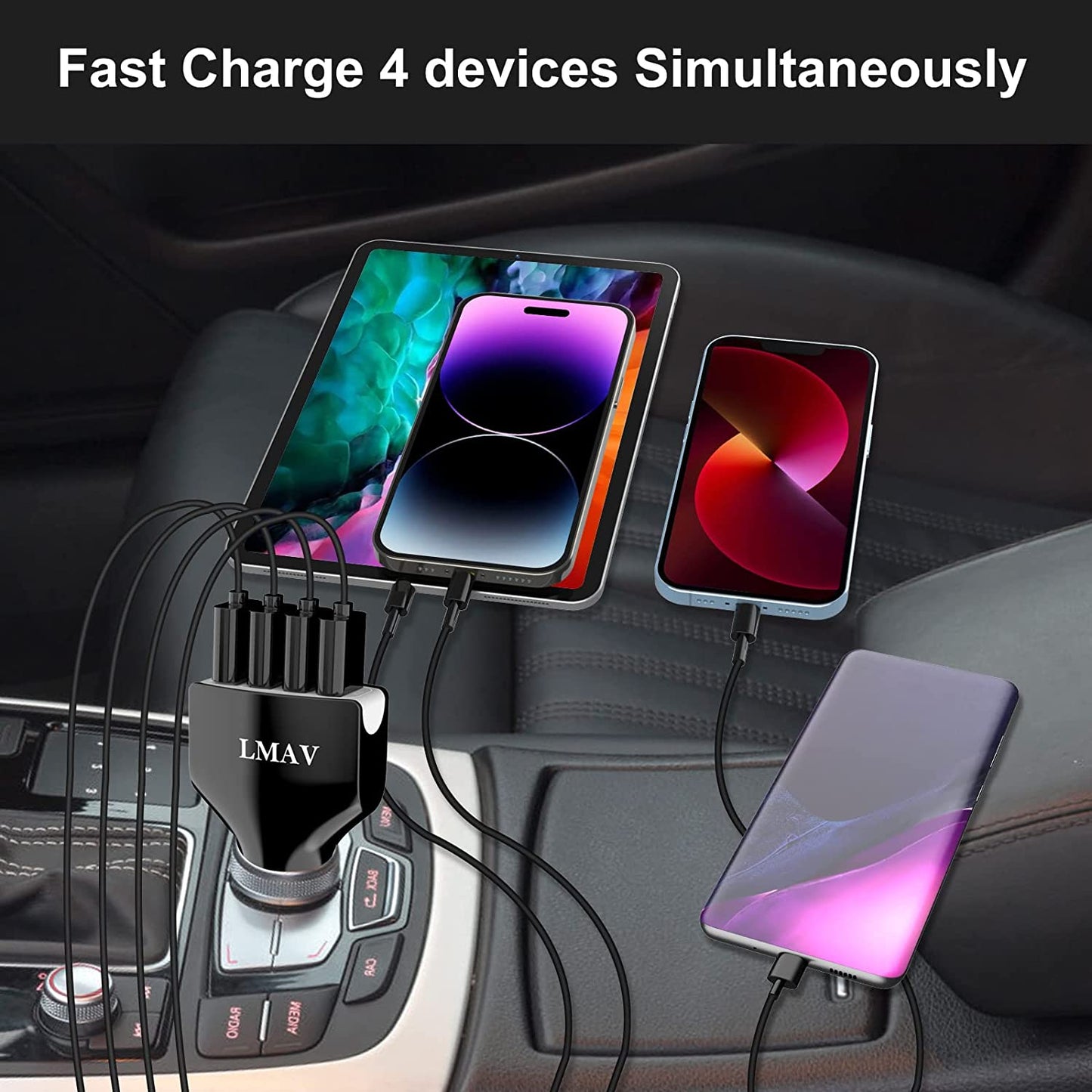 USB Car Charger Adapter, 4-Port QC 3.0 Car Charger Fast Charging for All Smartphone and Other USB Devices.