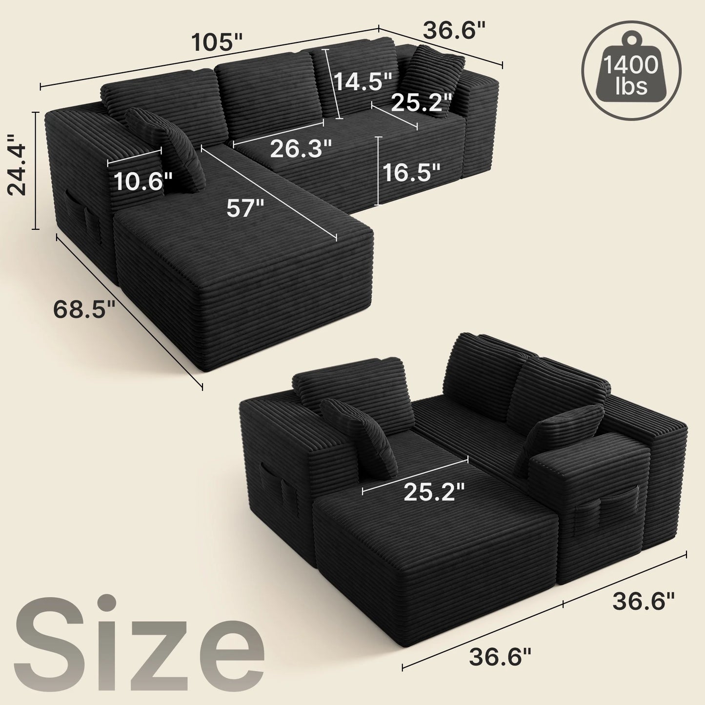 105" Cloud Sectional Sofa with L-Shape Chaise - Upholstered Couch for Living Room or Bedroom, No Assembly Required, Black