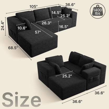 105" Cloud Sectional Sofa with L-Shape Chaise - Upholstered Couch for Living Room or Bedroom, No Assembly Required, Black
