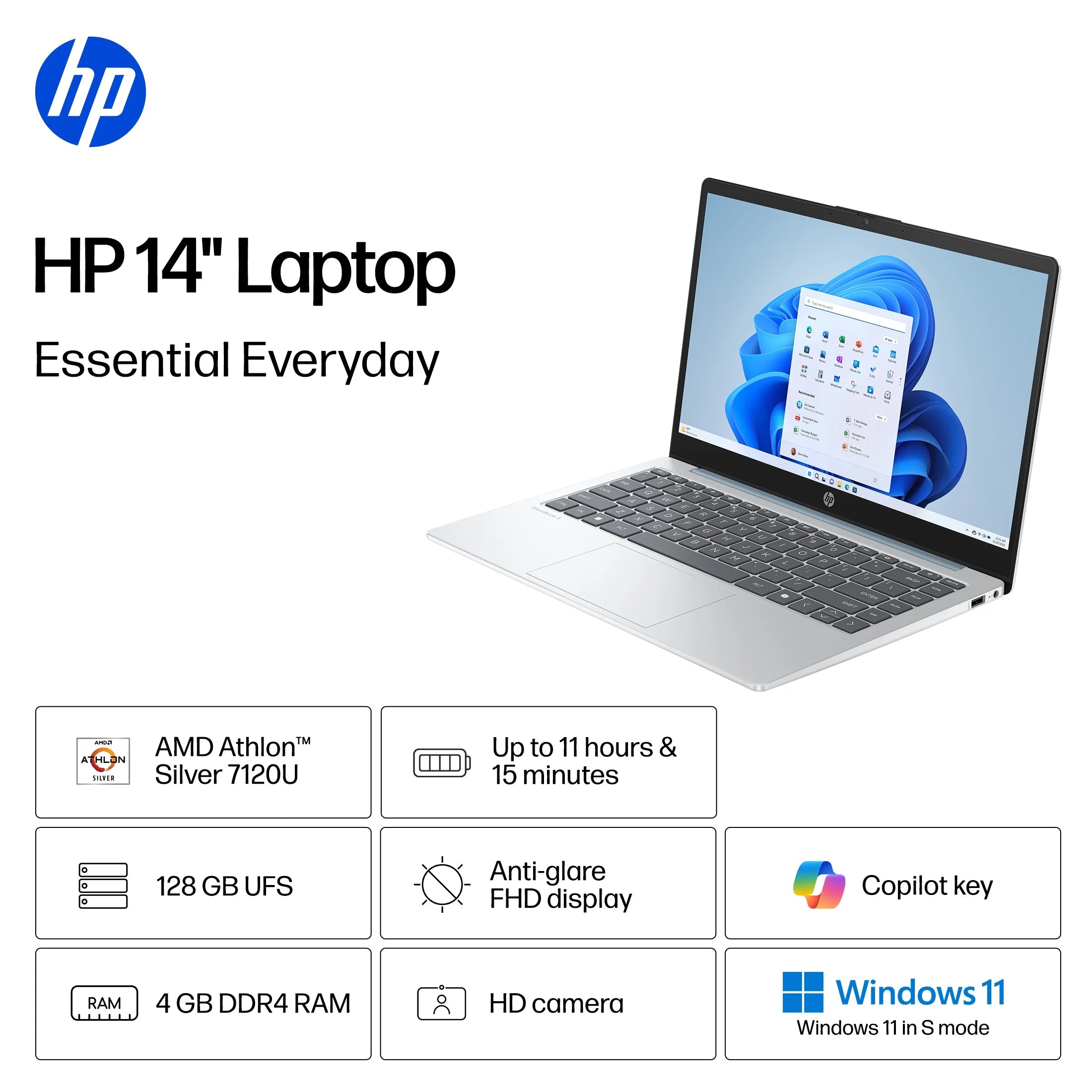 HP 14 Inch HD Windows Laptop AMD Athlon 7120 4GB RAM 128GB UFS Moonlight Blue